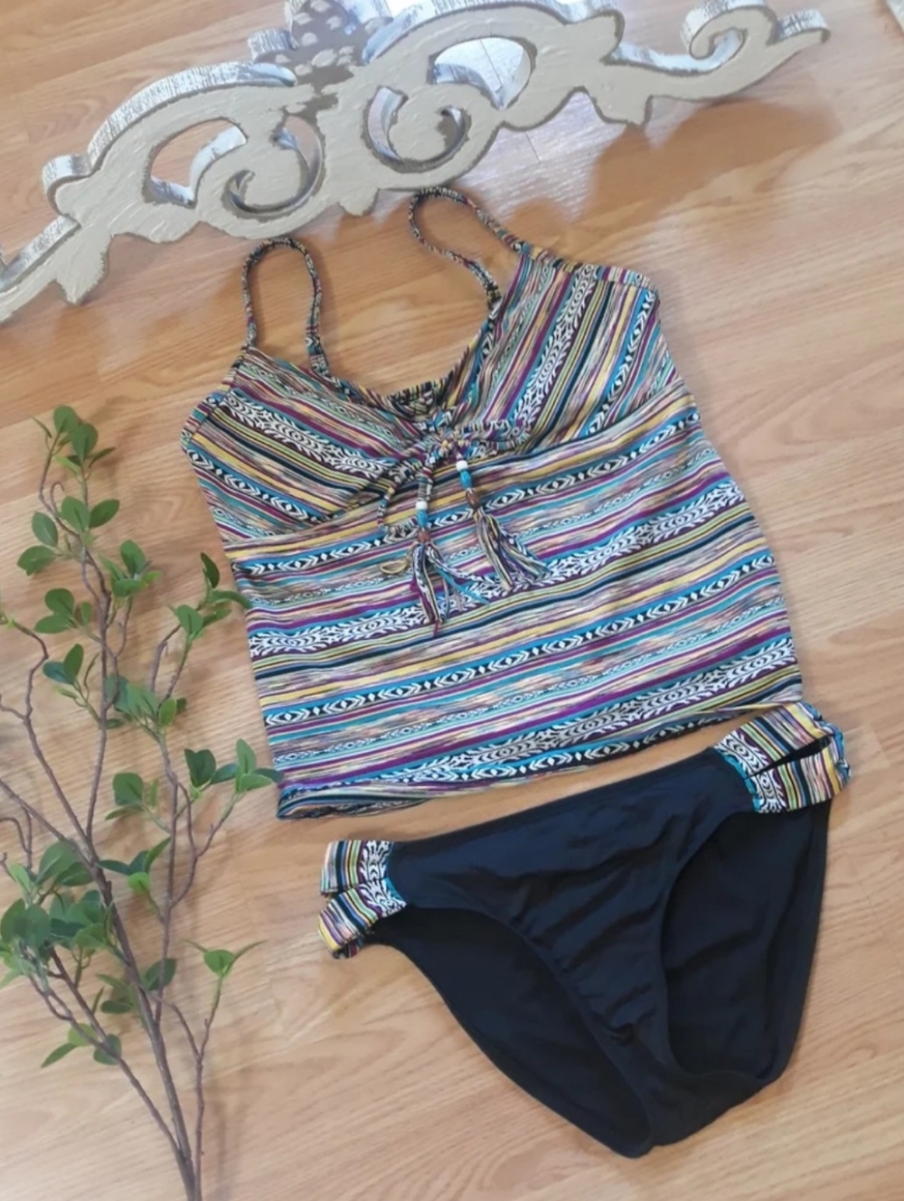 Lucky Brand Striped Multicolor Tankini Swim Set Size M